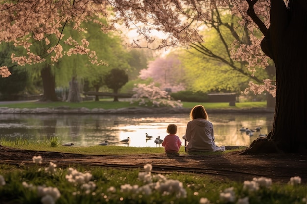 Фото Женщина и ребенок сидят вместе под деревом возле спокойного пруда, наслаждаясь спокойствием природы мирное утро дня матери в парке