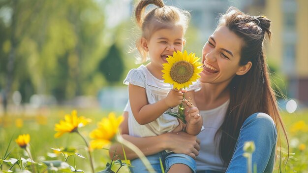 写真 女性と彼女の娘が笑顔で太陽<unk>を握っています