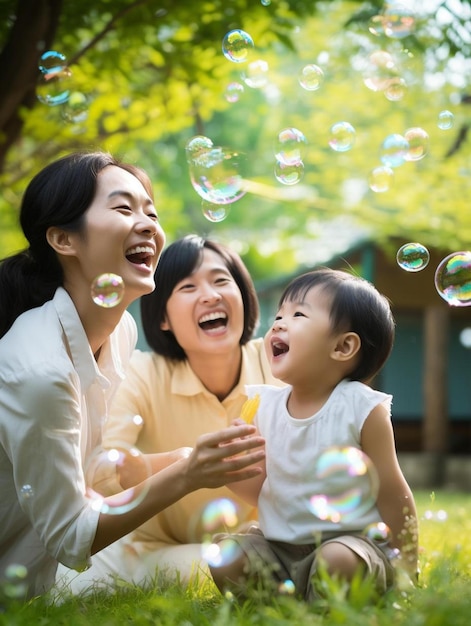 写真 女性と二人の子供がシャボン玉で遊んでいる