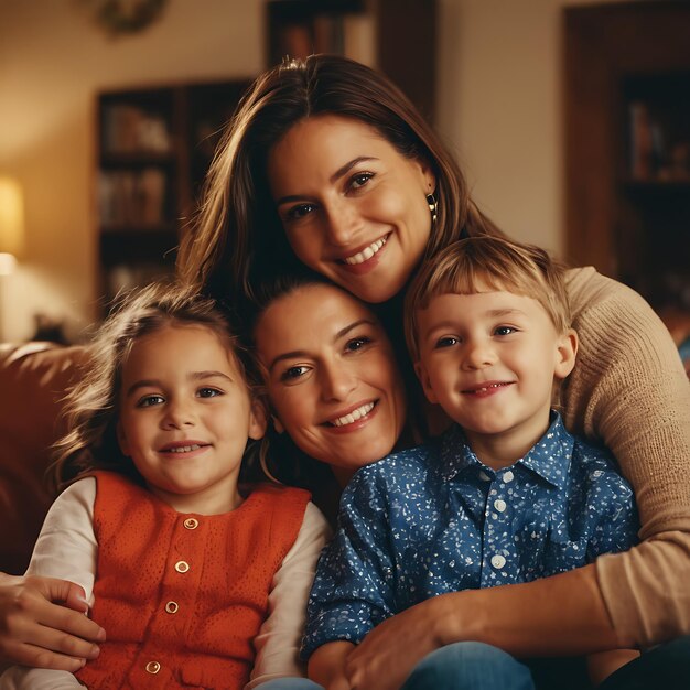 写真 女性と2人の子供が2人の子供と写真を撮るためにポーズをとる