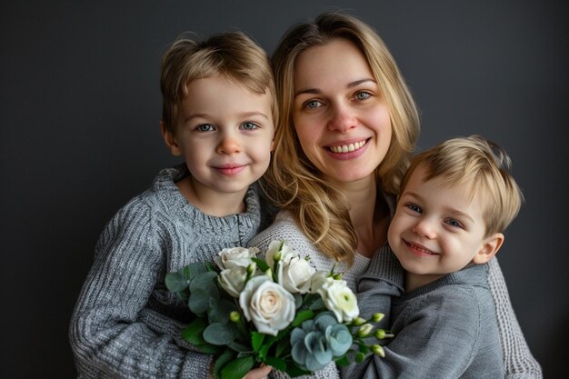 Фото a woman and two children pose with a bouquet of flowers