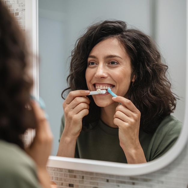 写真 鏡の前で歯磨きをしている女性