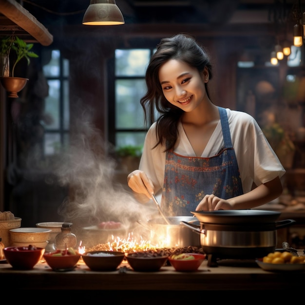 写真 料理の鍋を持ったキッチンで料理をしている女性