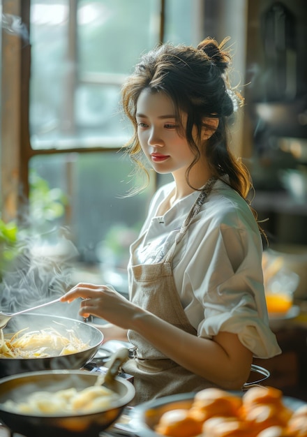 写真 キッチンで料理をしている女性