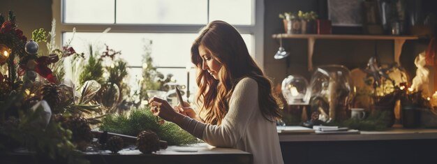 写真 クリスマスをテーマにした装飾を制作する女性