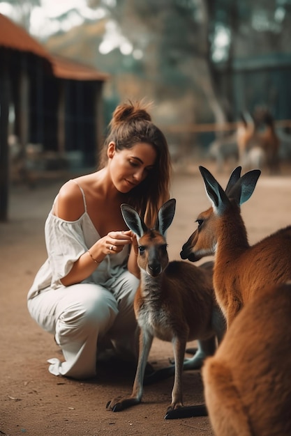 Фото Женщина приседает рядом с кенгуру в сиднейском зоопарке создано generative ai