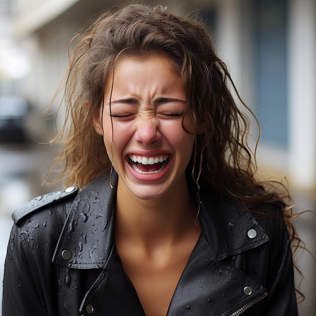 写真 雨の中で泣いている女性