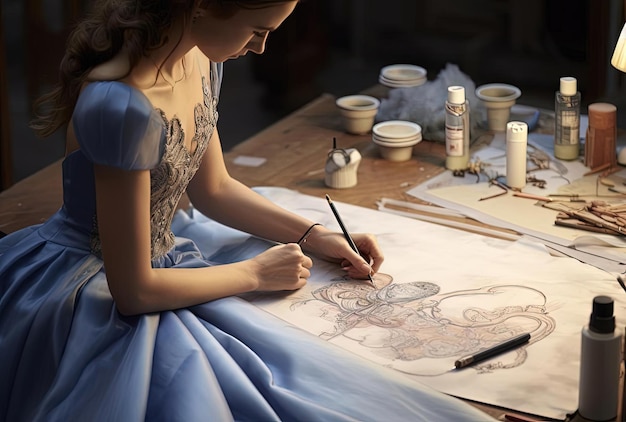 写真 細な素材のスタイルでドレスを描き,ペンを握っている女性