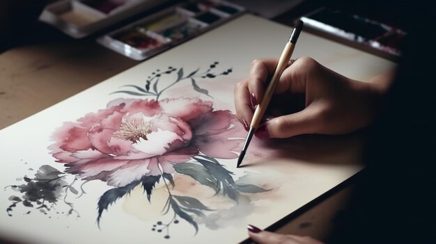 写真 鉛筆で花を描く女性。