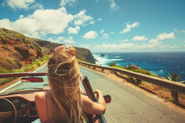 写真 海の隣の道路を車で走る女性