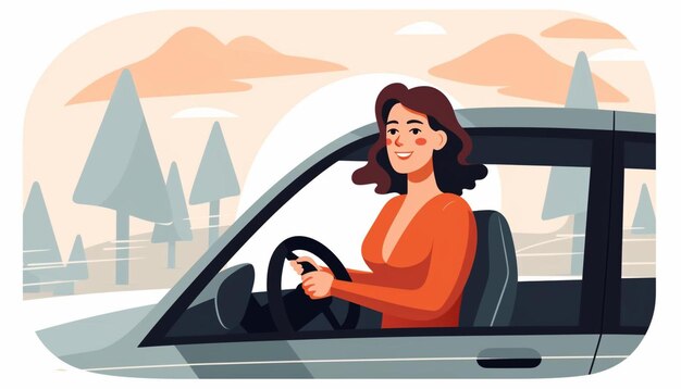 写真 背景に山がある車を運転する女性