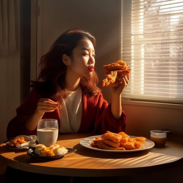 写真 食べ物を食べている女性