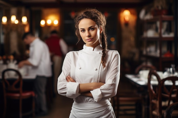 Фото Женщина выражает уверенную позу, когда она стоит в ресторане с скрещенными руками фото шеф-повара в ресторане, сгенерированное ии
