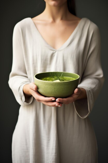 Фото Женщина изящно держит чашку ароматного зеленого чая