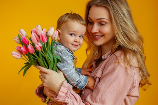 Фото a woman holding a baby and a bouquet of tulips