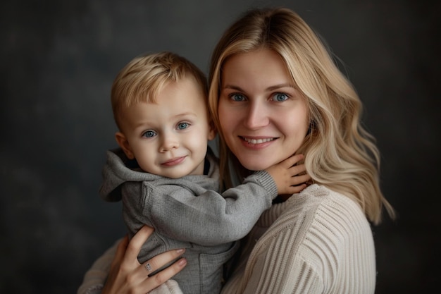 Фото Женщина с ребенком и свитером, на котором написано слово