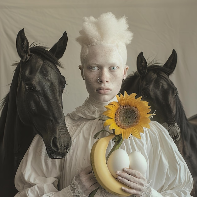 Фото Женщина с бананом в руке и лошадь с банан в руке