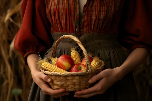 写真 果樹園で採れた新鮮なリンゴが入ったかごを持つ女性