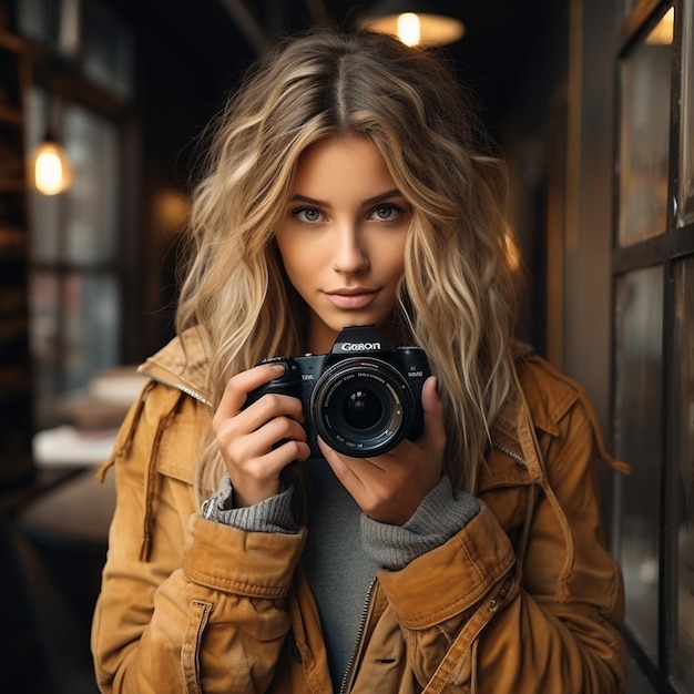 Фото Женщина с камерой в коричневом пиджаке
