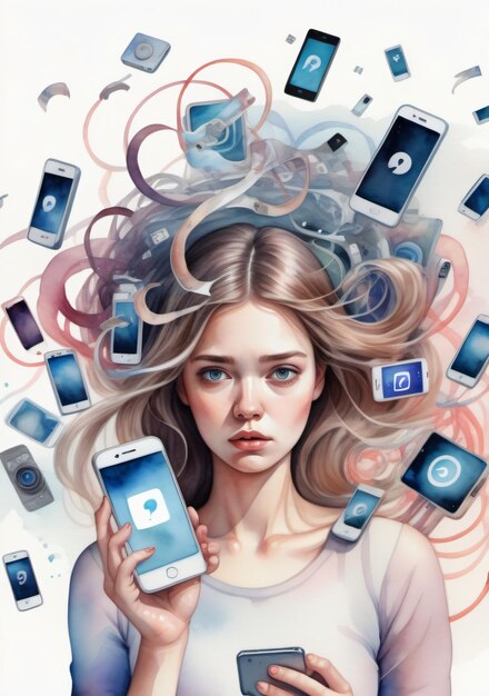 사진 a woman holding a cell phone with many apps around her