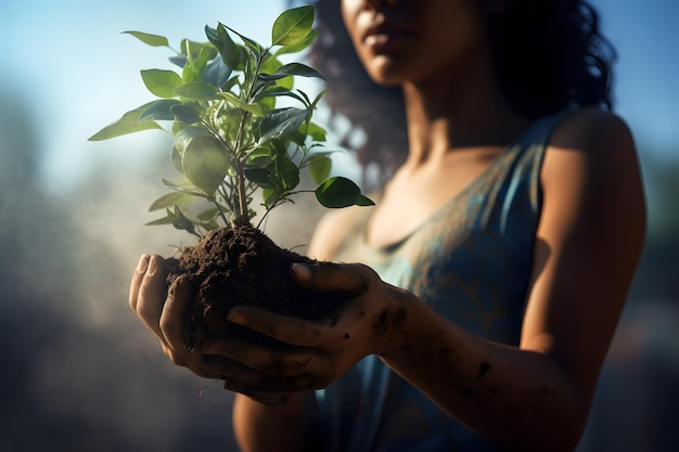 写真 土の中で植物を保持している女性