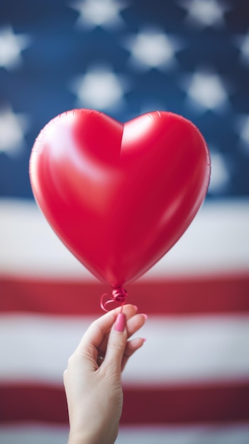 사진 미국 발 앞에 빨간색 심장 모양의 풍선을 들고 있는 여자
