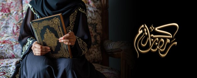 写真 導きと知恵を求めて開いたコーランを握っている女性