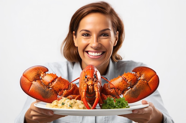 Фото Женщина с лобстерами и тарелкой с картошным и картофельным салатом