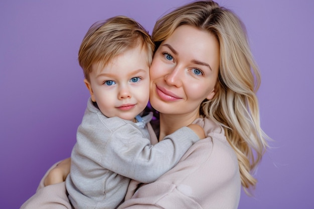 Фото Женщина держит ребенка и фиолетовый фон