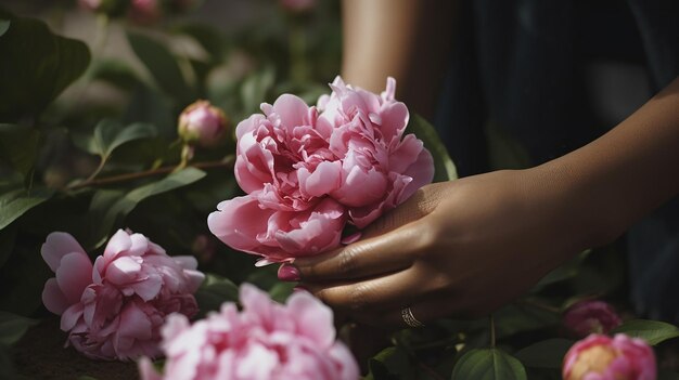 写真 女性が手に牡丹の花束を持っています。