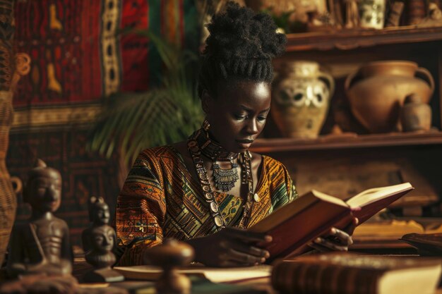 写真 アフリカ文化のシンボルに囲まれた歴史文献を読む女性