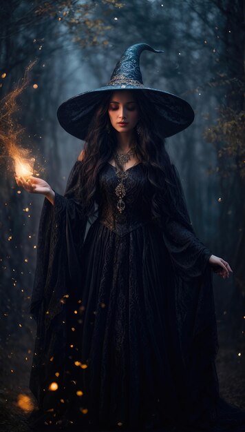 사진 검은 드레스와 모자를 입은 여자가 반이는 불꽃을 들고 있다