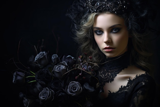 写真 黒いバラの花束を持った黒いドレスを着た女性
