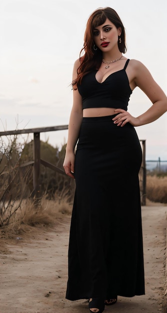 사진 ⁇ 길 에 서 있는 검은 드레스 를 입은 여자
