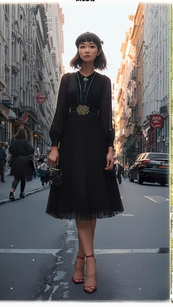 사진 검은 드레스를 입은 여성이 '파리'라고 적힌 팻말을 들고 거리 앞 거리에 서 있다.