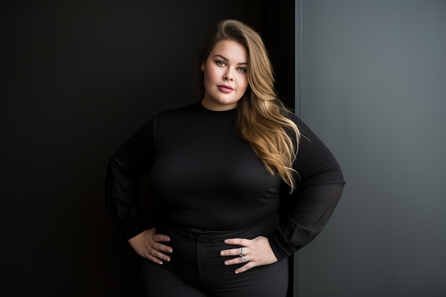 Фото Женщина в черной рубашке и брюках стоит перед черной стеной
