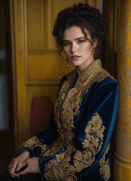 Фото a woman in a blue and gold dress is standing in front of a red wall