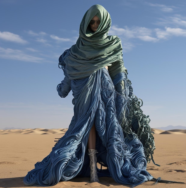 Фото Женщина в синем платье стоит в пустыне.
