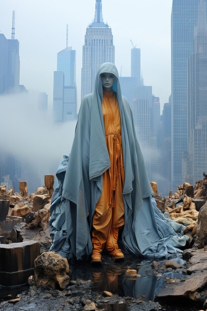 Фото Женщина в синем халате стоит на каменистой поверхности на фоне города