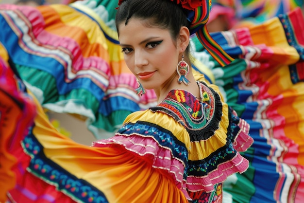 Фото Женщина в красочном платье позирует для фотографии, подходящей для различных маркетинговых и рекламных целей