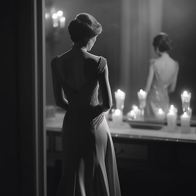 사진 드레스를 입은 한 여성이 촛불이 켜진 거울을 보고 있습니다.