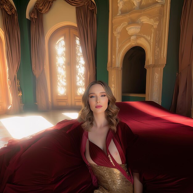 Фото a woman in a dress sits in a room with a red blanket