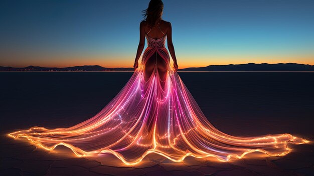 Фото a woman in a dress with lights on the bottom of her body is standing on the beach with the sun behind her