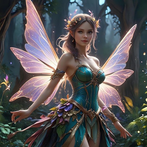 写真 a woman in a fairy costume stands in a forest