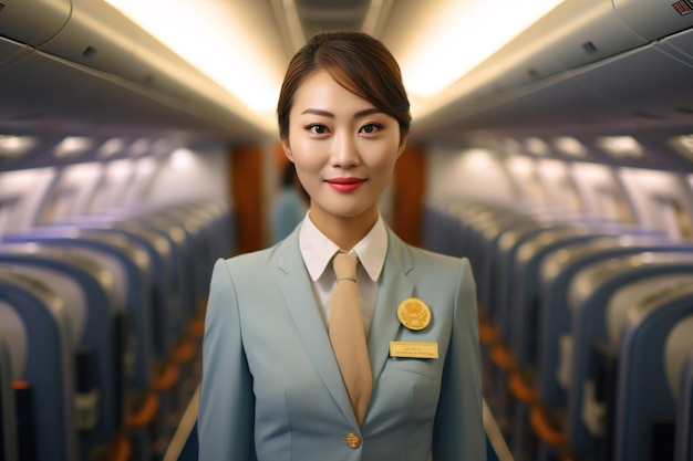 写真 客室乗務員の制服を着た女性が飛行機の中に立っています