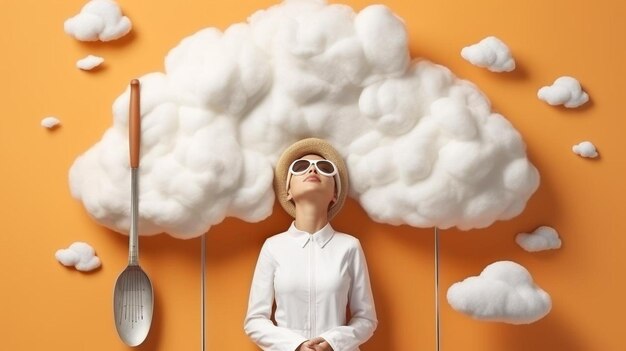 Фото Женщина в шляпе и солнечных очках стоит перед облаком с ложками