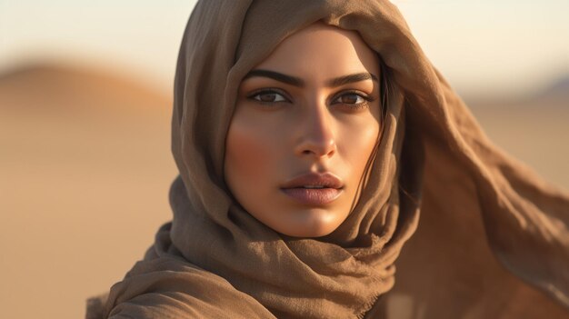 写真 ヒジャブをかぶった女性が砂漠に立つ