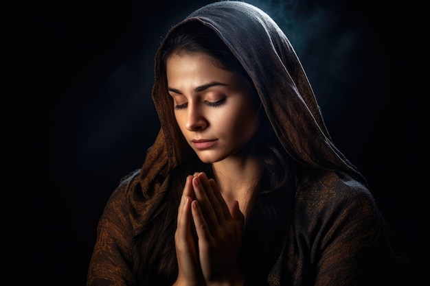 Фото Женщина в капюшоне молится подходит для религиозных и духовных концепций