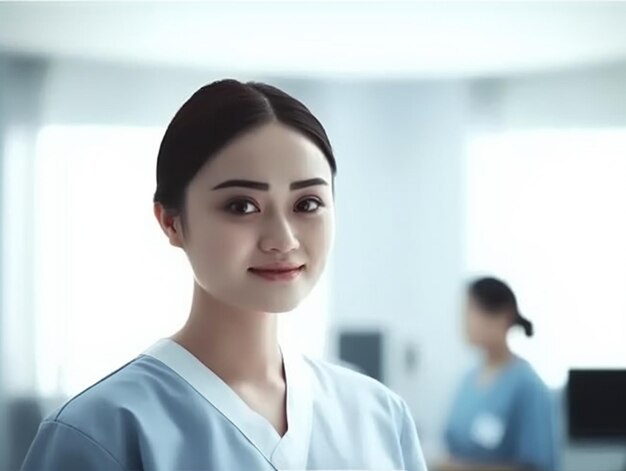 사진 병원 유니폼을 입은 여성이 파란색 수술복을 입은 여성과 함께 방에 서 있습니다.