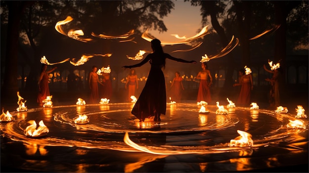 Фото Женщина в длинном платье окружена огнем.